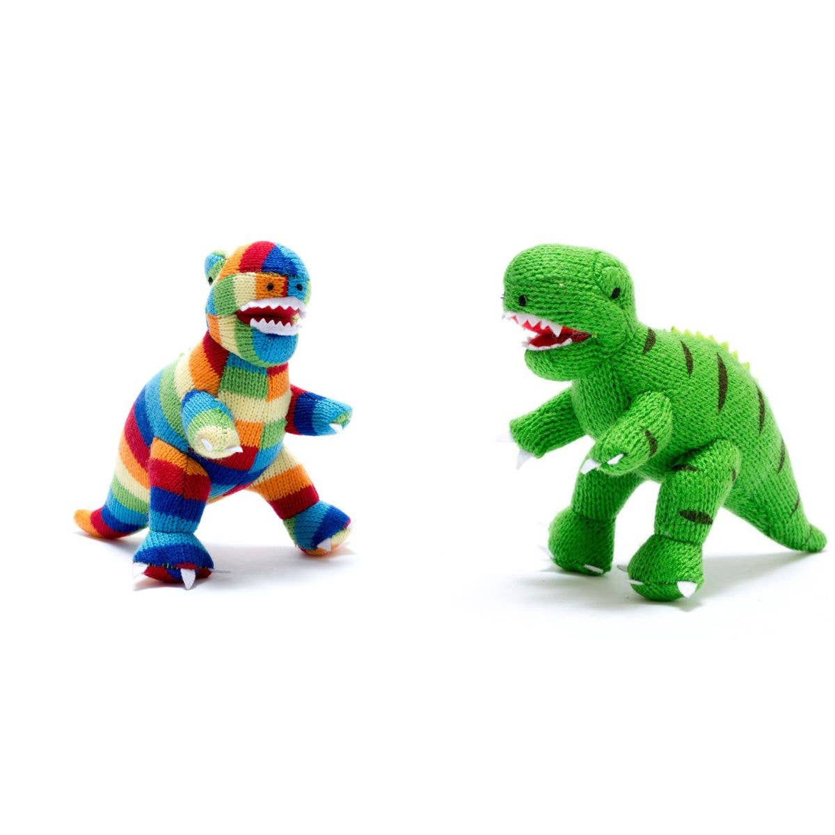 Knitted T Rex Dinosaur Baby Rattle Bold Stripe