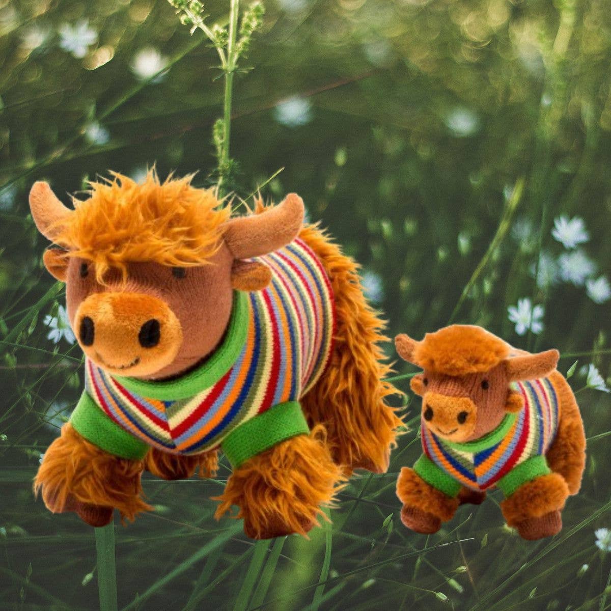 Knitted Highland Cow Plush Toy in Stripe Jumper
