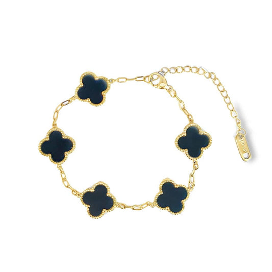 Black Four Leaf Clover Double-Sided Bracelet 18K Gold Plated