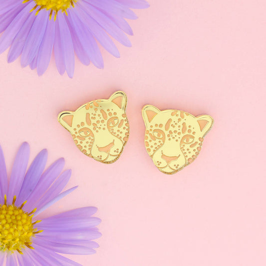 Leopard Face Stud Earrings in Gold