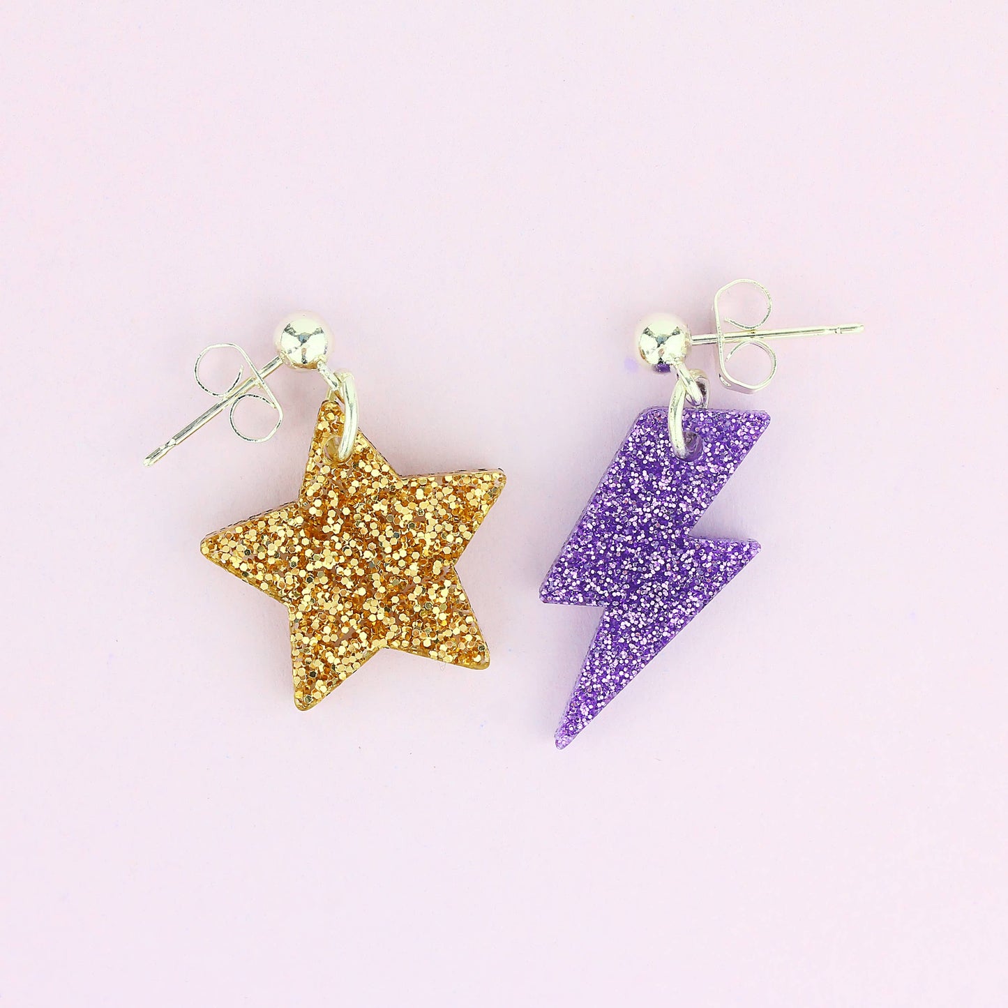 Lightning & Gold Star Glitter Studs in Lilac & Gold