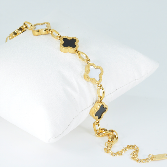 Black and White Four Leaf Clover Bracelet 18K Gold Plated