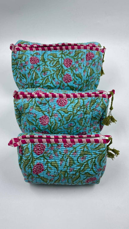 Blue Quilted Flower Wash Bag in Assorted Sizes