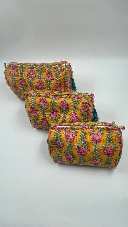 Yellow Quilted Flower Wash Bag in Assorted Sizes