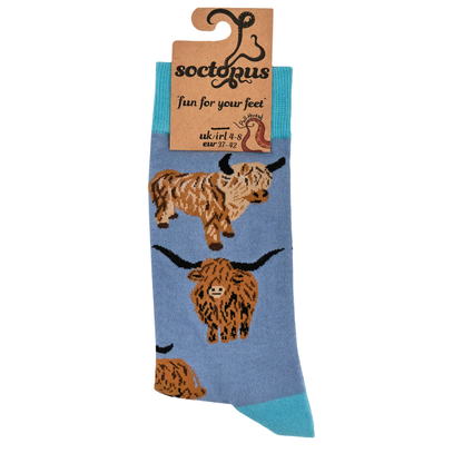 Denim Highland Cow Och Aye the Moo Socks Kids