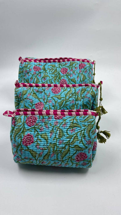 Blue Quilted Flower Wash Bag in Assorted Sizes