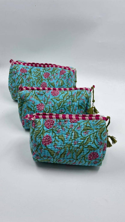 Blue Quilted Flower Wash Bag in Assorted Sizes