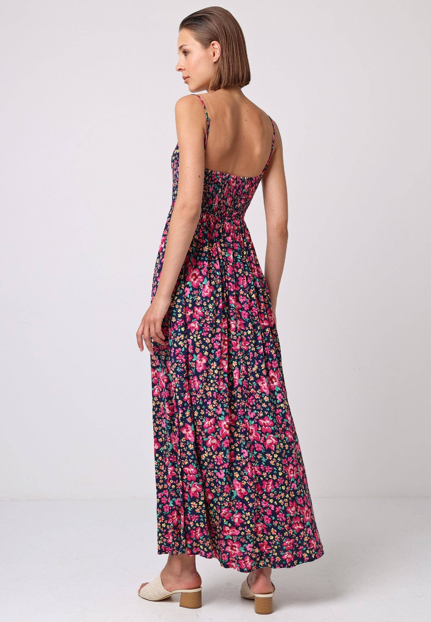 Floral Cami Shirred Back Button Detail Maxi Floral Dress