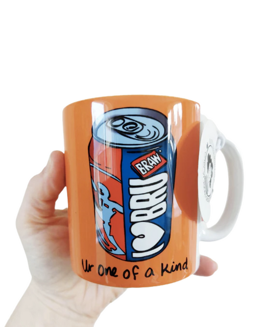 Orange porcelain mug with illustration of Irn Brew drink reading 'I love brew' and ' Ur one of a kind'.