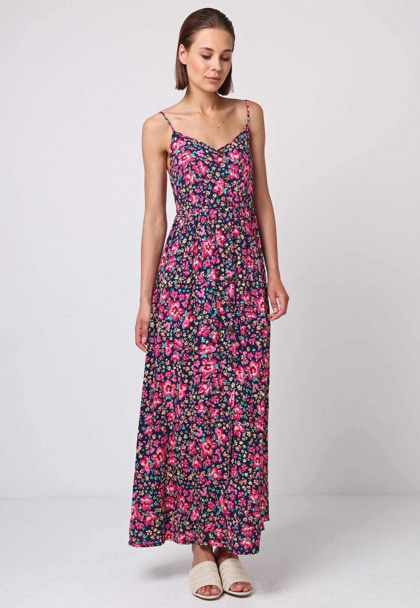 Floral Cami Shirred Back Button Detail Maxi Floral Dress