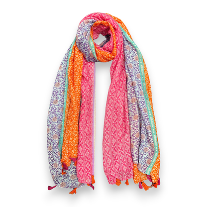 Pink Floral Patchwork Tassels Scarf