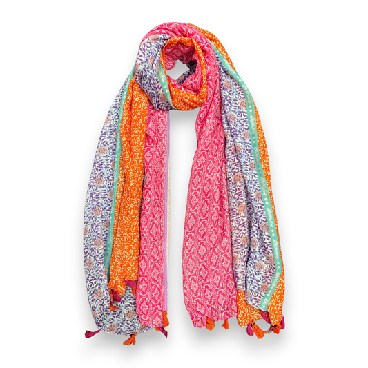 Pink Floral Patchwork Tassels Scarf