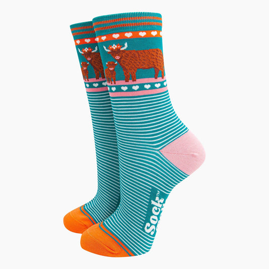 Women's Bamboo Socks - Teal, Highland Cow and Calf: UK 3-7 | EU 36-40 | US 5-9