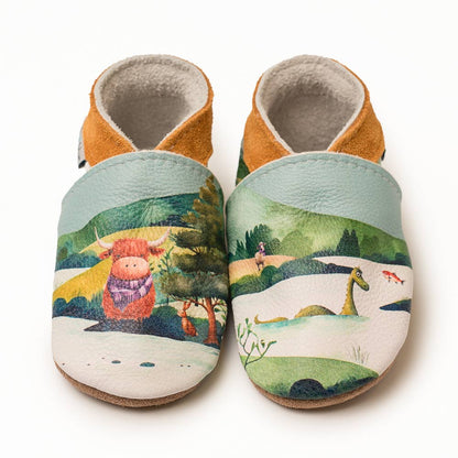 Scottish Highland Cow And Nessie Leather Baby Shoes