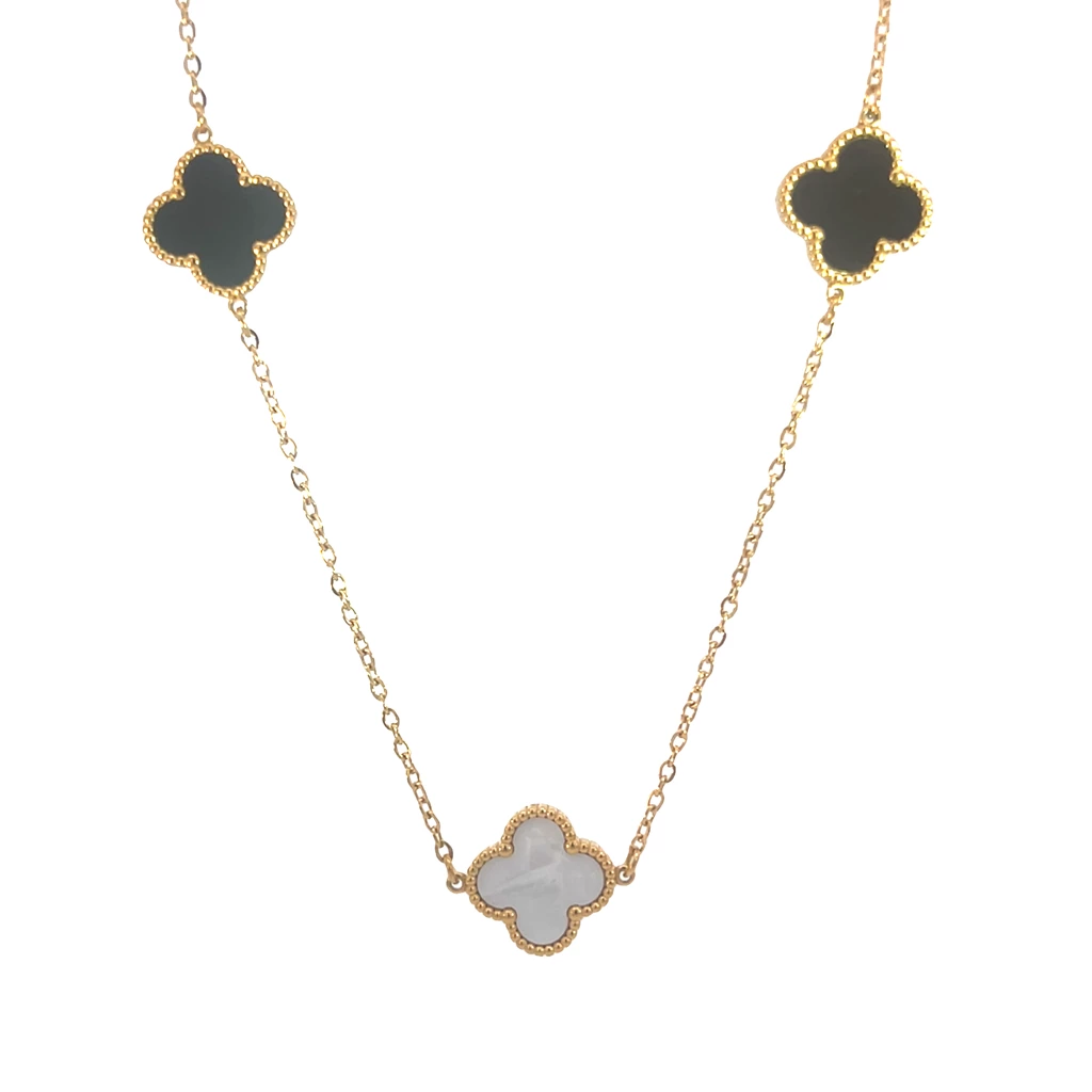 Black and White Four Leaf Clover Necklace 18K Gold Plated
