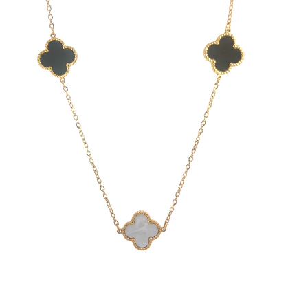 Black and White Four Leaf Clover Necklace 18K Gold Plated