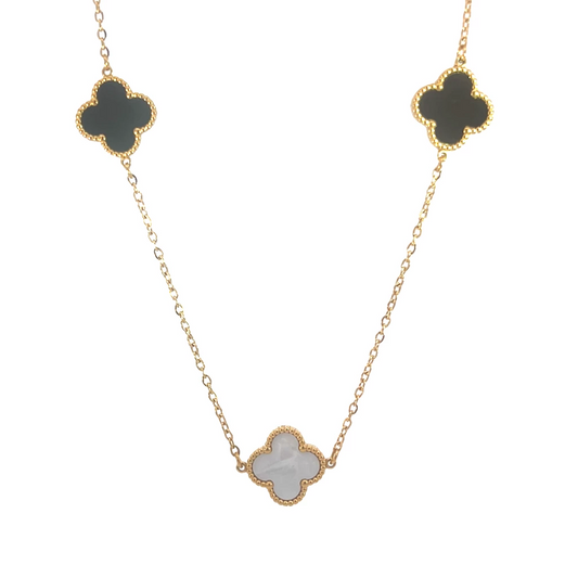 Black and White Four Leaf Clover Necklace 18K Gold Plated