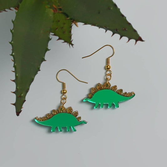 Stegosaurus Earrings in Green & Gold