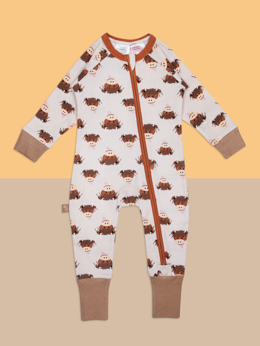 Neutral Hamish Highland Cow Zip-Up Romper 3-6 Months
