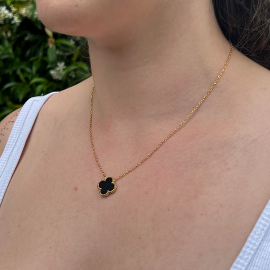 Black Four Leaf Clover Pendant Necklace  18K Gold Plated