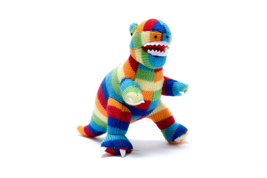 Knitted T Rex Dinosaur Baby Rattle Bold Stripe