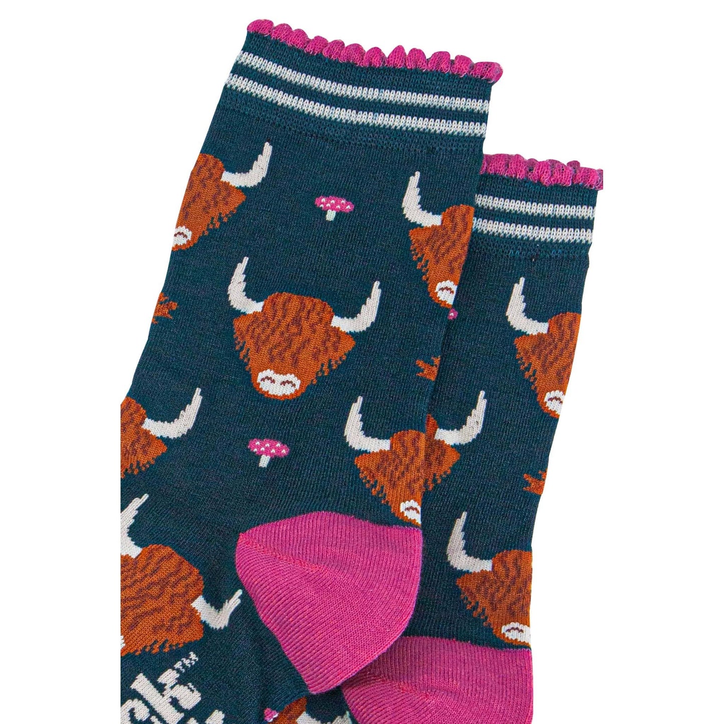 Highland Cow Unisex Socks In Green And Pink