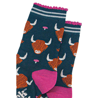 Highland Cow Unisex Socks In Green And Pink