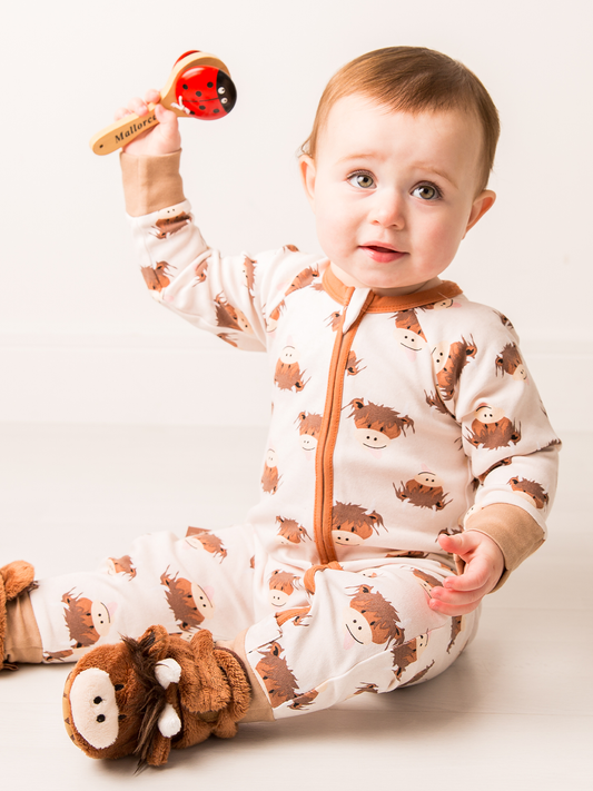 Neutral Hamish Highland Cow Zip-Up Romper 6-12 Months