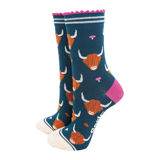 Highland Cow Unisex Socks In Green And Pink