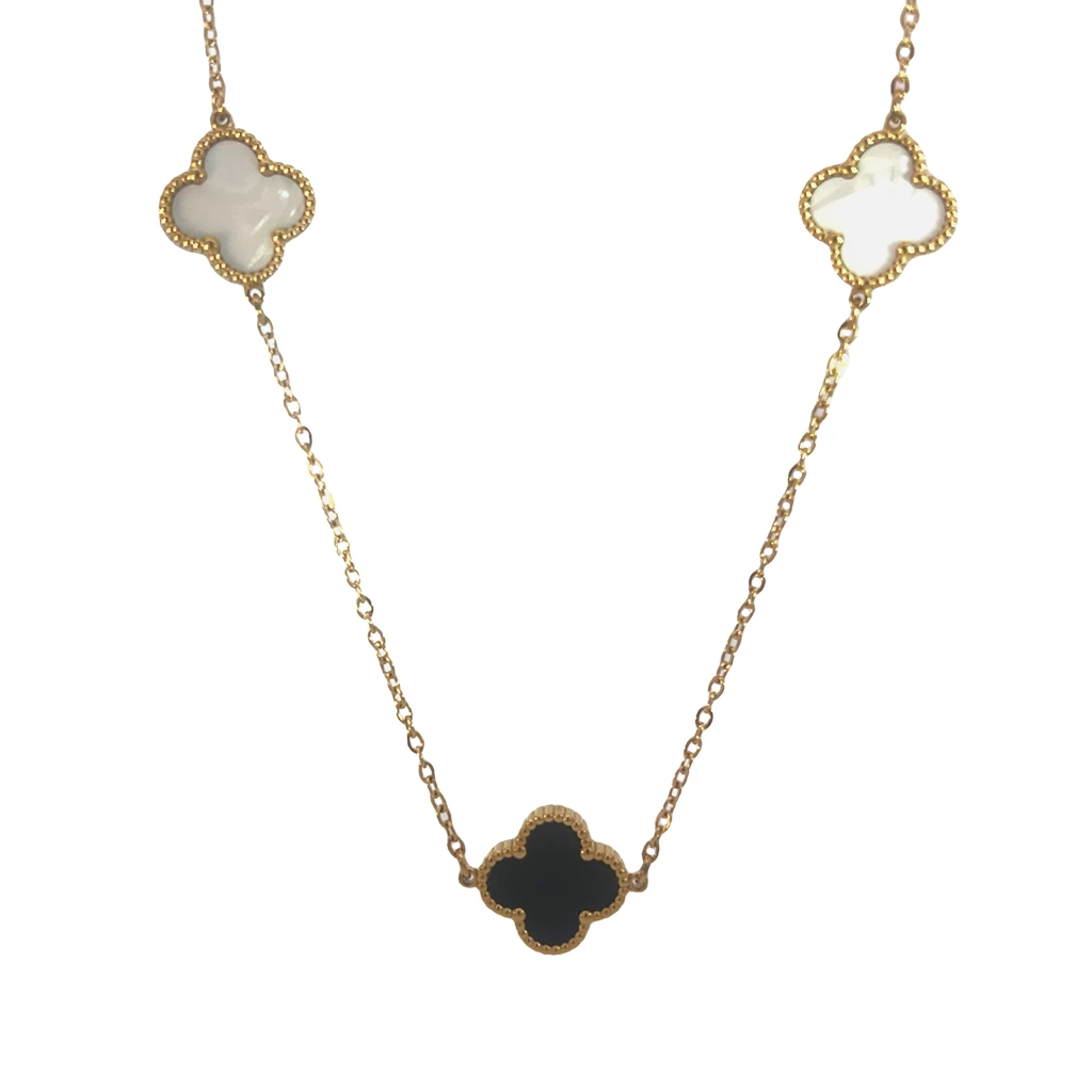 Black and White Four Leaf Clover Necklace 18K Gold Plated