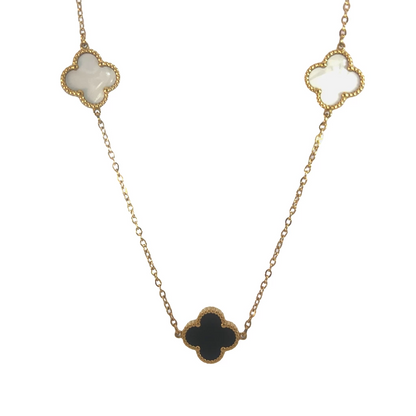 Black and White Four Leaf Clover Necklace 18K Gold Plated