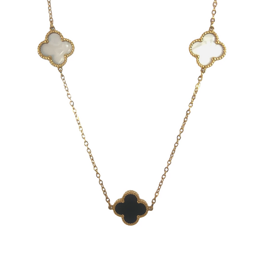 Black and White Four Leaf Clover Necklace 18K Gold Plated