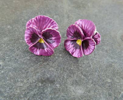 Pansy Pink Flower Stud Earrings