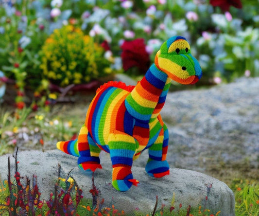 Knitted Diplodocus Dinosaur Plush Toy in Bold Stripes