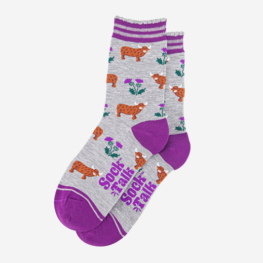 Highland Cow And Thistles Unisex Socks In Grey