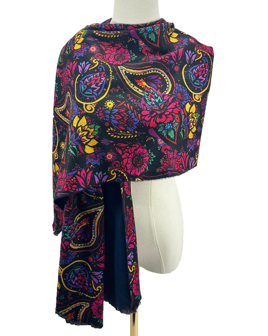 Indian Inspired Bold Floral & Paisley Wool Frayed Scarf