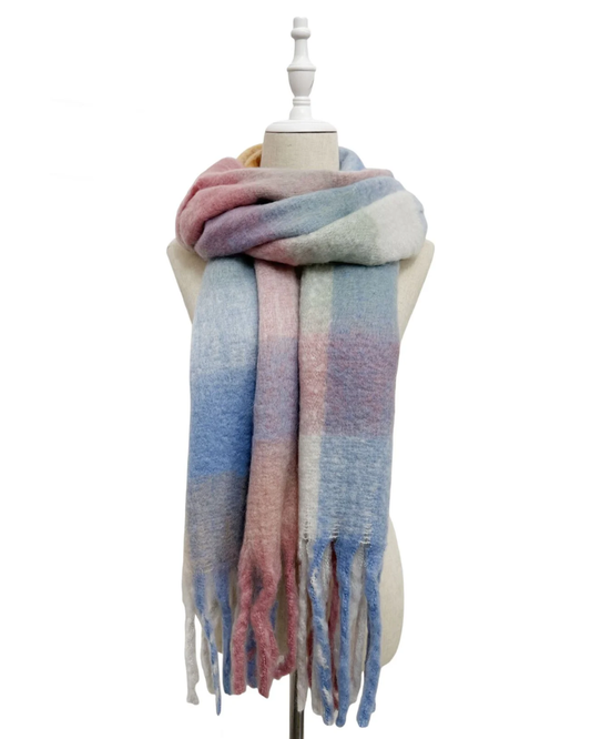 Pink Blue White Checked Wool Blanket Scarf