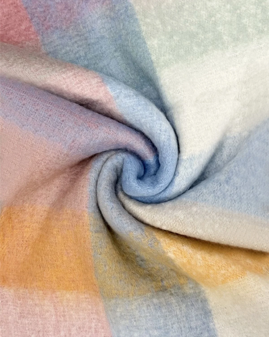 Pink Blue White Checked Wool Blanket Scarf
